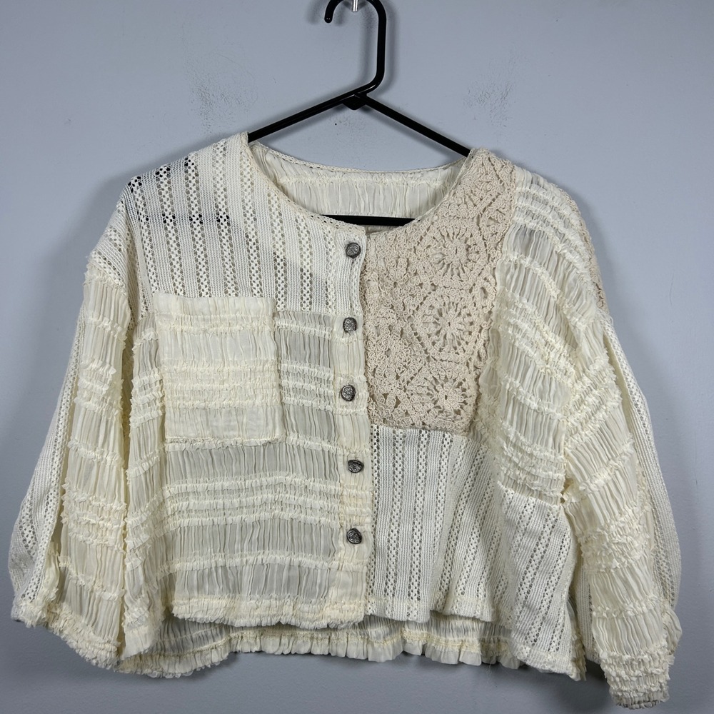 POL Mixed Media Cardigan Jacket Top Women's S Cream Chiffon Crochet Boho Coastal
